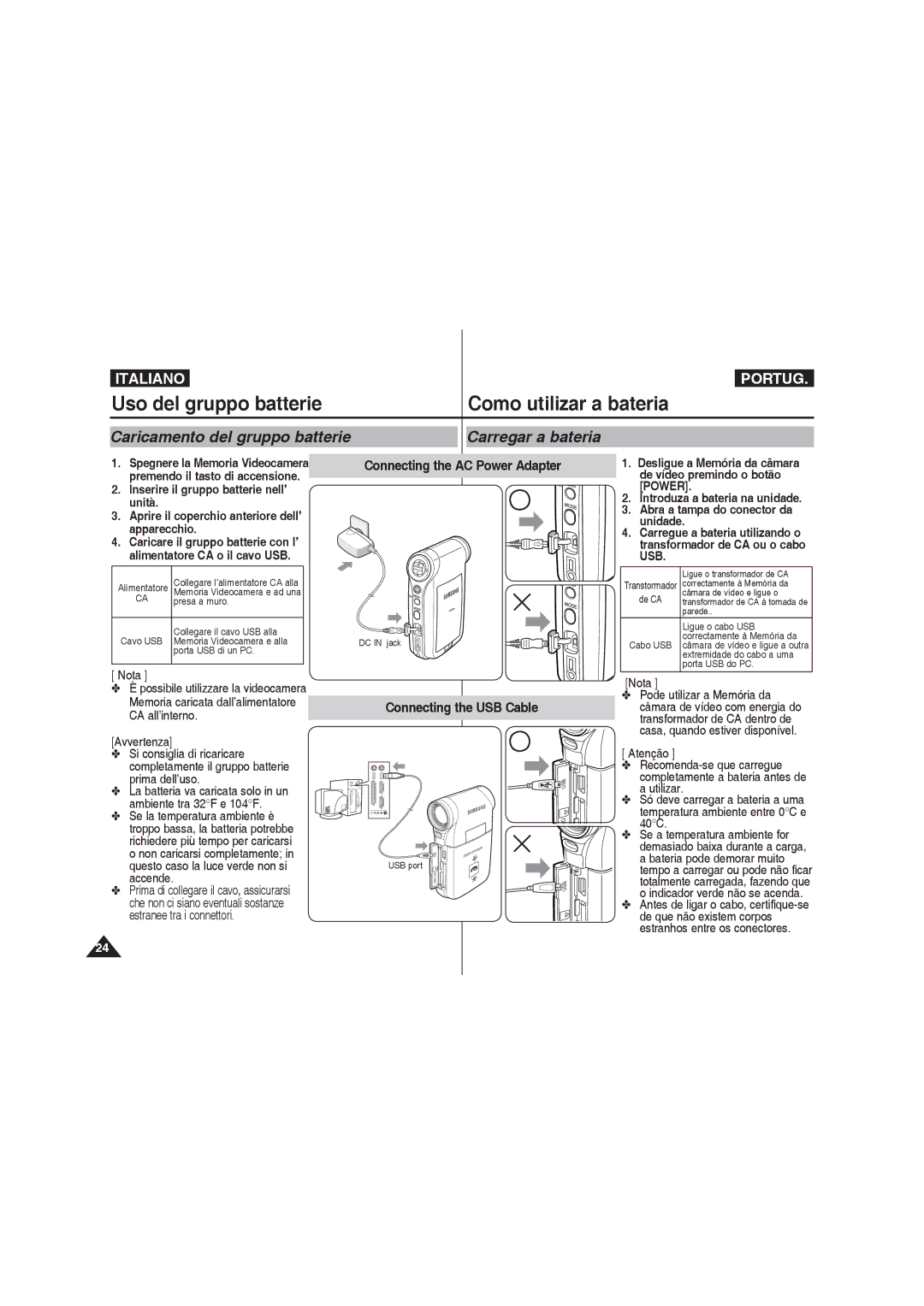 Samsung VP-MM11S/XET, VP-MM12S/XET manual Carregar a bateria, Connecting the USB Cable, Introduza a bateria na unidade 