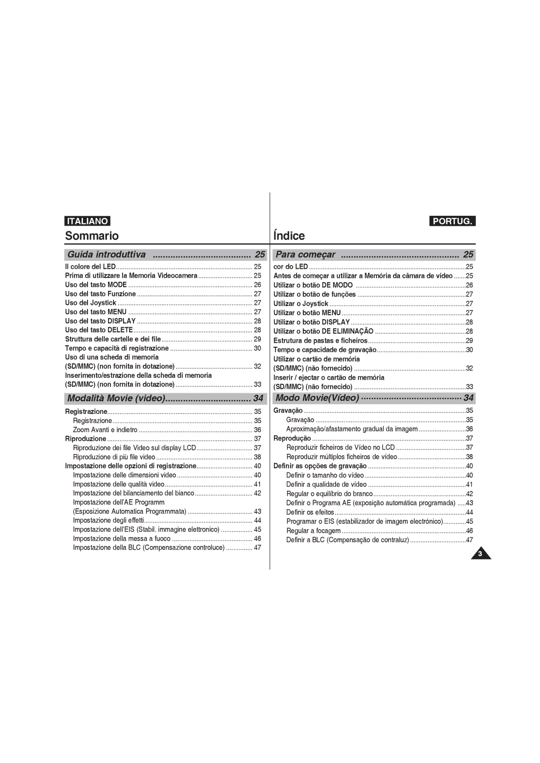 Samsung VP-MM11S/XET, VP-MM12S/XET, VP-MM12BL/XET manual Sommario Índice, Guida introduttiva, Para começar 