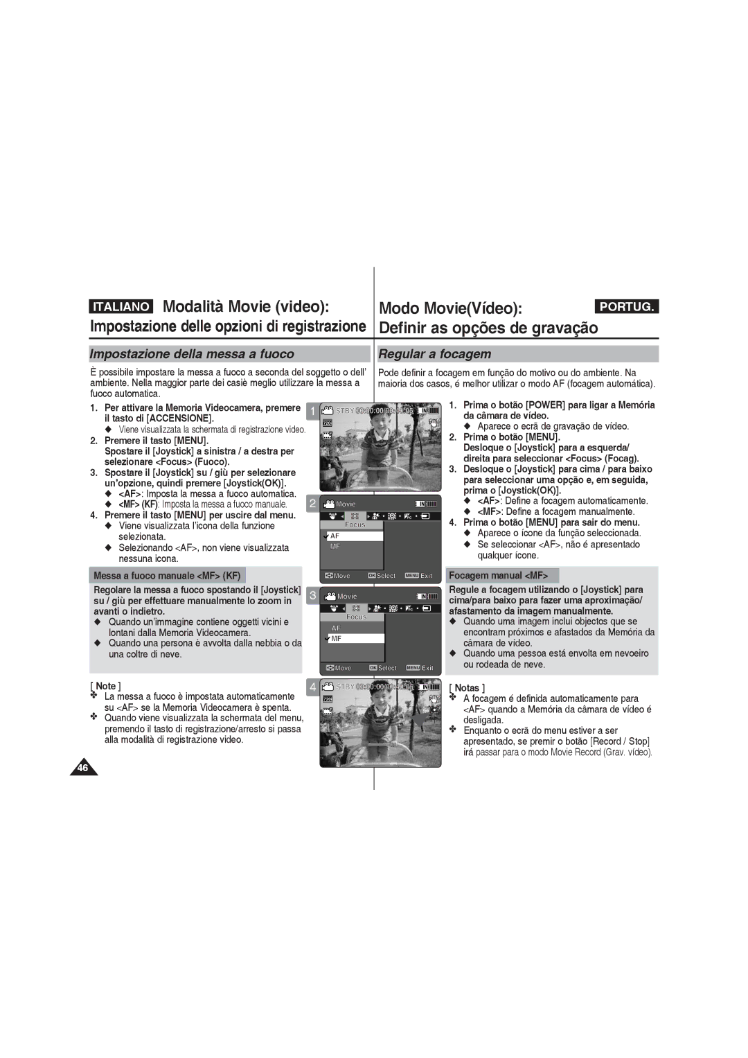 Samsung VP-MM12S/XET, VP-MM11S/XET manual Impostazione della messa a fuoco Regular a focagem, Selezionare Focus Fuoco 