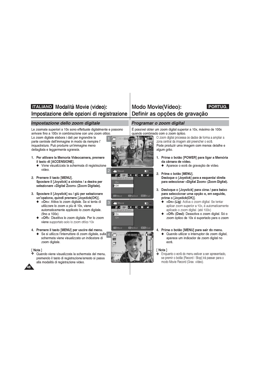 Samsung VP-MM11S/XET manual Impostazione dello zoom digitale Programar o zoom digital, Ecrã, Modo Movie Record Grav. vídeo 