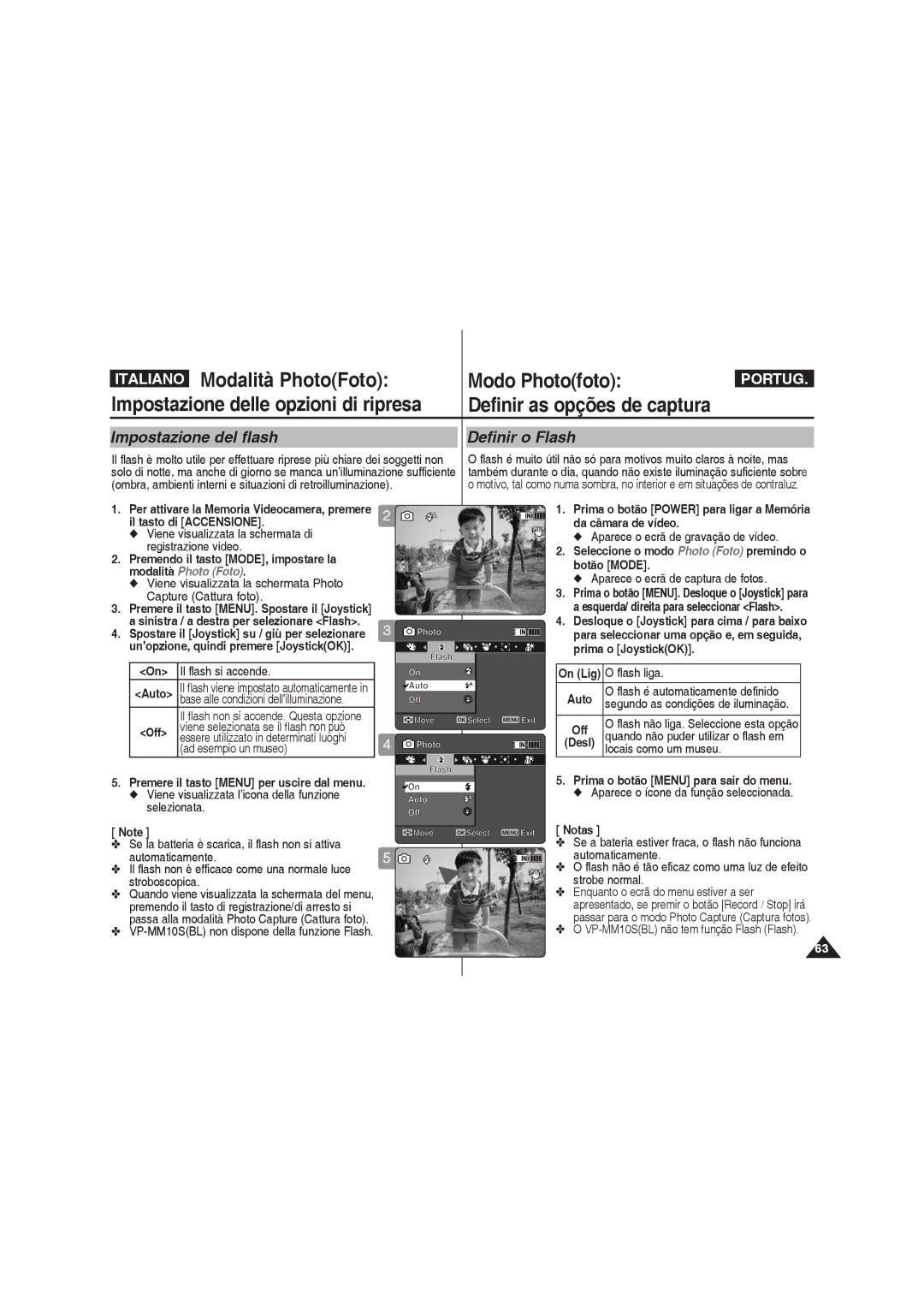 Samsung VP-MM11S/XET, VP-MM12S/XET, VP-MM12BL/XET manual Impostazione del flash Definir o Flash 