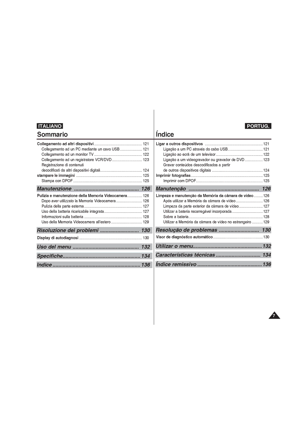 Samsung VP-MM12S/XET 126, Risoluzione dei problemi 130 Resolução de problemas, Utilizar o menu 132, Índice remissivo 136 