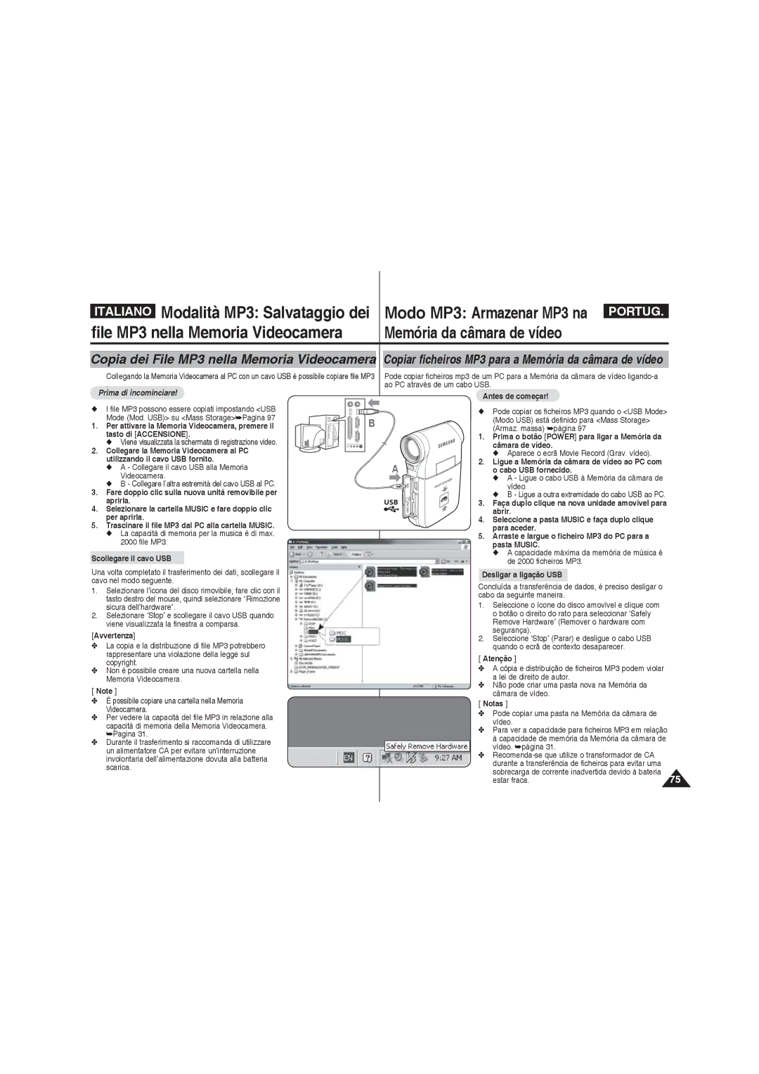 Samsung VP-MM11S/XET, VP-MM12S/XET, VP-MM12BL/XET manual Modalità MP3 Salvataggio dei, File MP3 nella Memoria Videocamera 