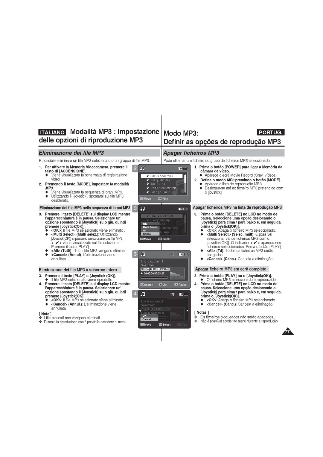 Samsung VP-MM12BL/XET Modo MP3, Eliminazione dei file MP3 Apagar ficheiros MP3, Eliminazione dei file MP3 a schermo intero 