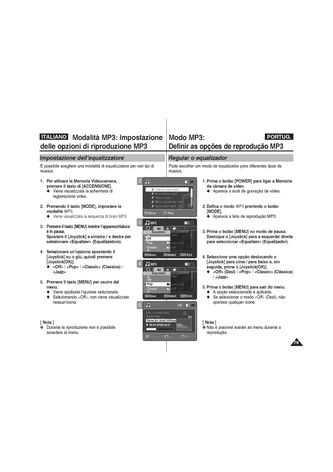 Samsung VP-MM12S/XET, VP-MM11S/XET, VP-MM12BL/XET manual Impostazione dell’equalizzatore Regular o equalizador 