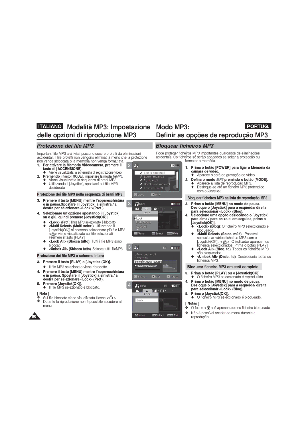 Samsung VP-MM12BL/XET, VP-MM11S/XET, VP-MM12S/XET manual Protezione dei file MP3 Bloquear ficheiros MP3 