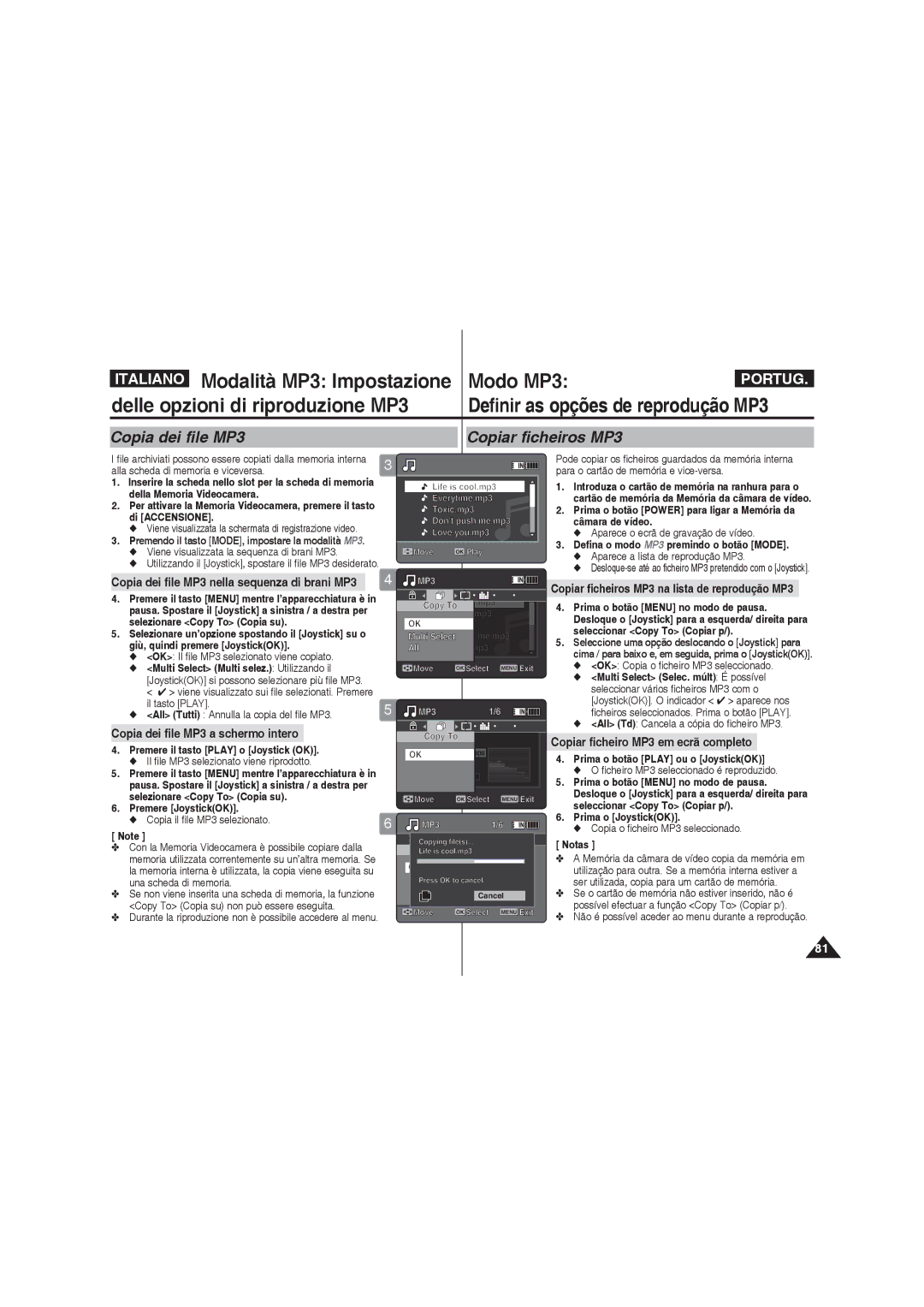 Samsung VP-MM11S/XET, VP-MM12S/XET manual Copia dei file MP3 Copiar ficheiros MP3, Copia dei file MP3 a schermo intero 