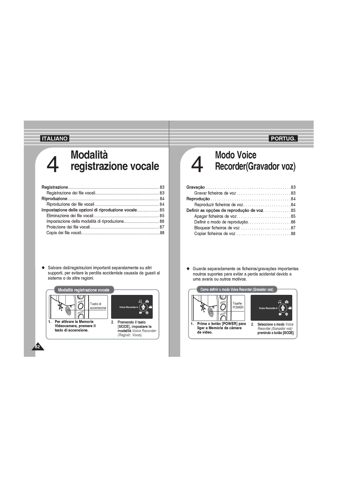 Samsung VP-MM12S/XET, VP-MM11S/XET, VP-MM12BL/XET manual RecorderGravador voz, Seleccione o modo Voice 