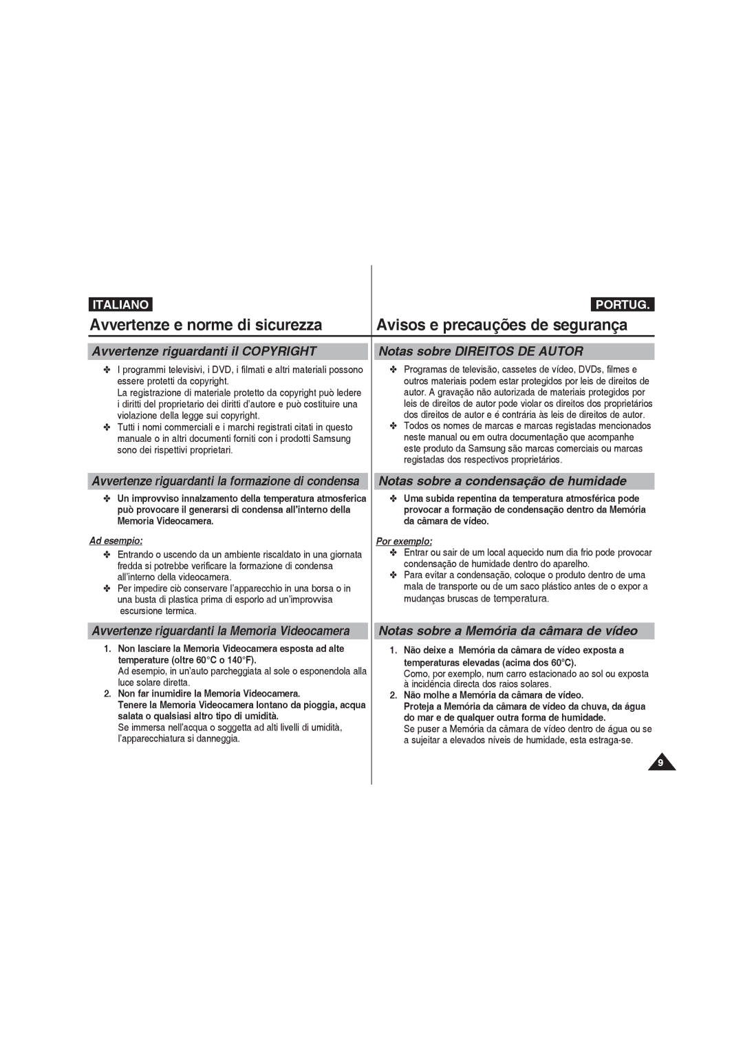 Samsung VP-MM11S/XET, VP-MM12S/XET, VP-MM12BL/XET manual Avvertenze riguardanti il Copyright, Notas sobre Direitos DE Autor 