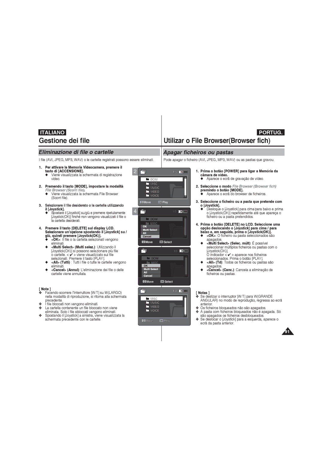 Samsung VP-MM12S/XET, VP-MM11S/XET Gestione dei file Utilizar o File BrowserBrowser fich, Eliminazione di file o cartelle 