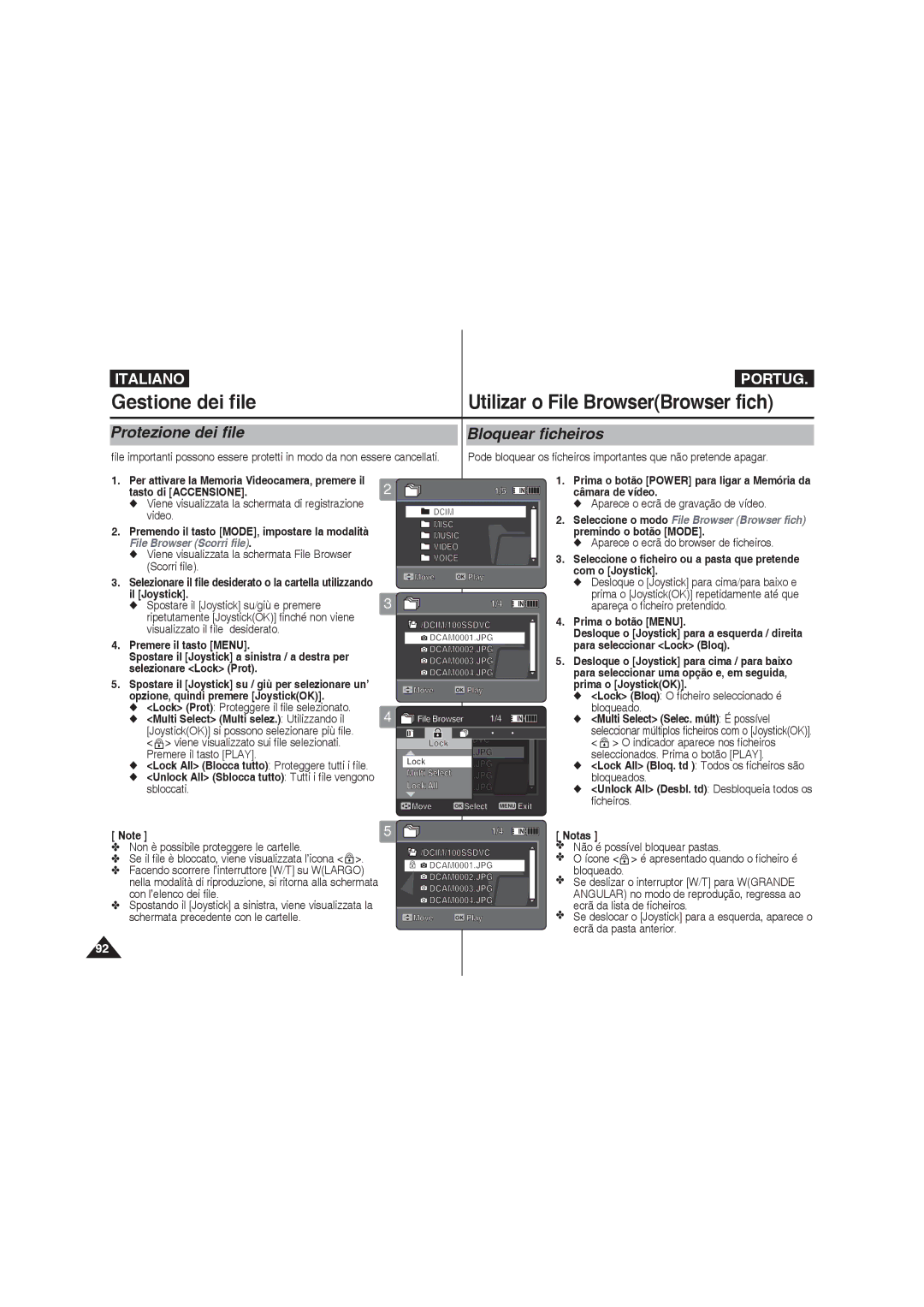 Samsung VP-MM12BL/XET, VP-MM11S/XET, VP-MM12S/XET manual Gestione dei file, Protezione dei file, Bloquear ficheiros 