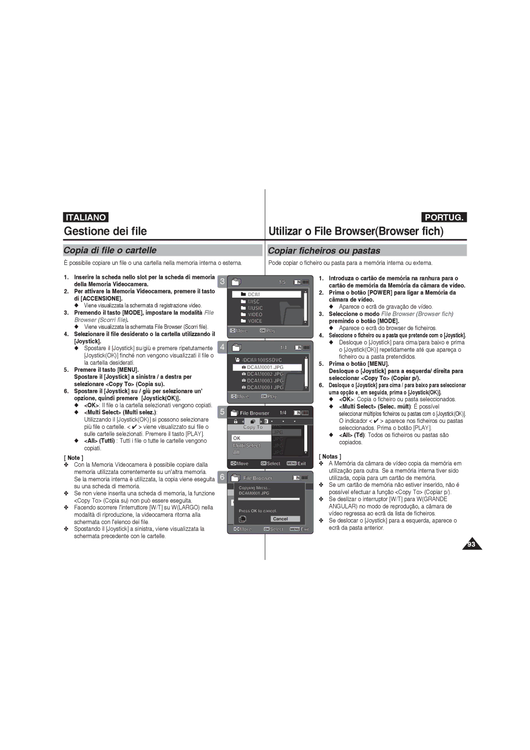 Samsung VP-MM11S/XET, VP-MM12S/XET, VP-MM12BL/XET manual Copia di file o cartelle, Copiar ficheiros ou pastas 