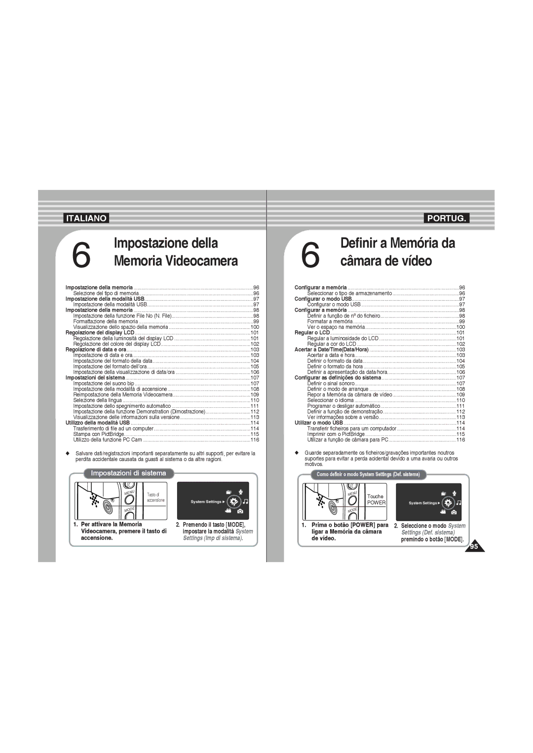 Samsung VP-MM12BL/XET, VP-MM11S/XET, VP-MM12S/XET manual Impostazione della, Definir a Memória da 