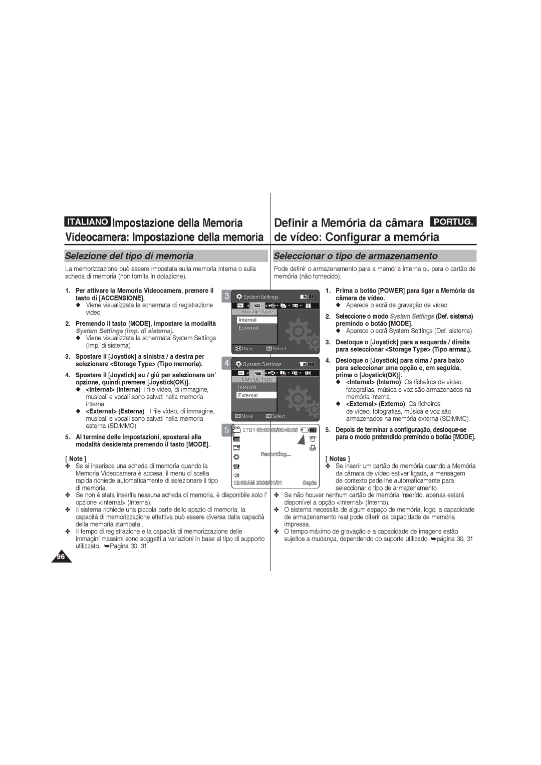 Samsung VP-MM11S/XET, VP-MM12S/XET Impostazione della Memoria Definir a Memória da câmara, De vídeo Configurar a memória 