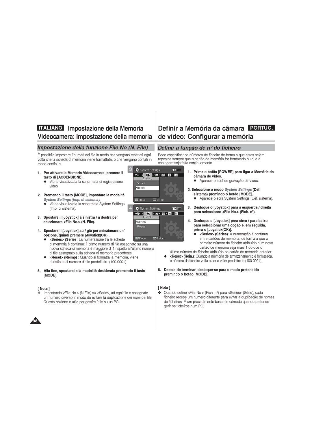 Samsung VP-MM12BL/XET, VP-MM11S/XET manual Spostare il Joystick a sinistra / a destra per, Selezionare File No. N. File 