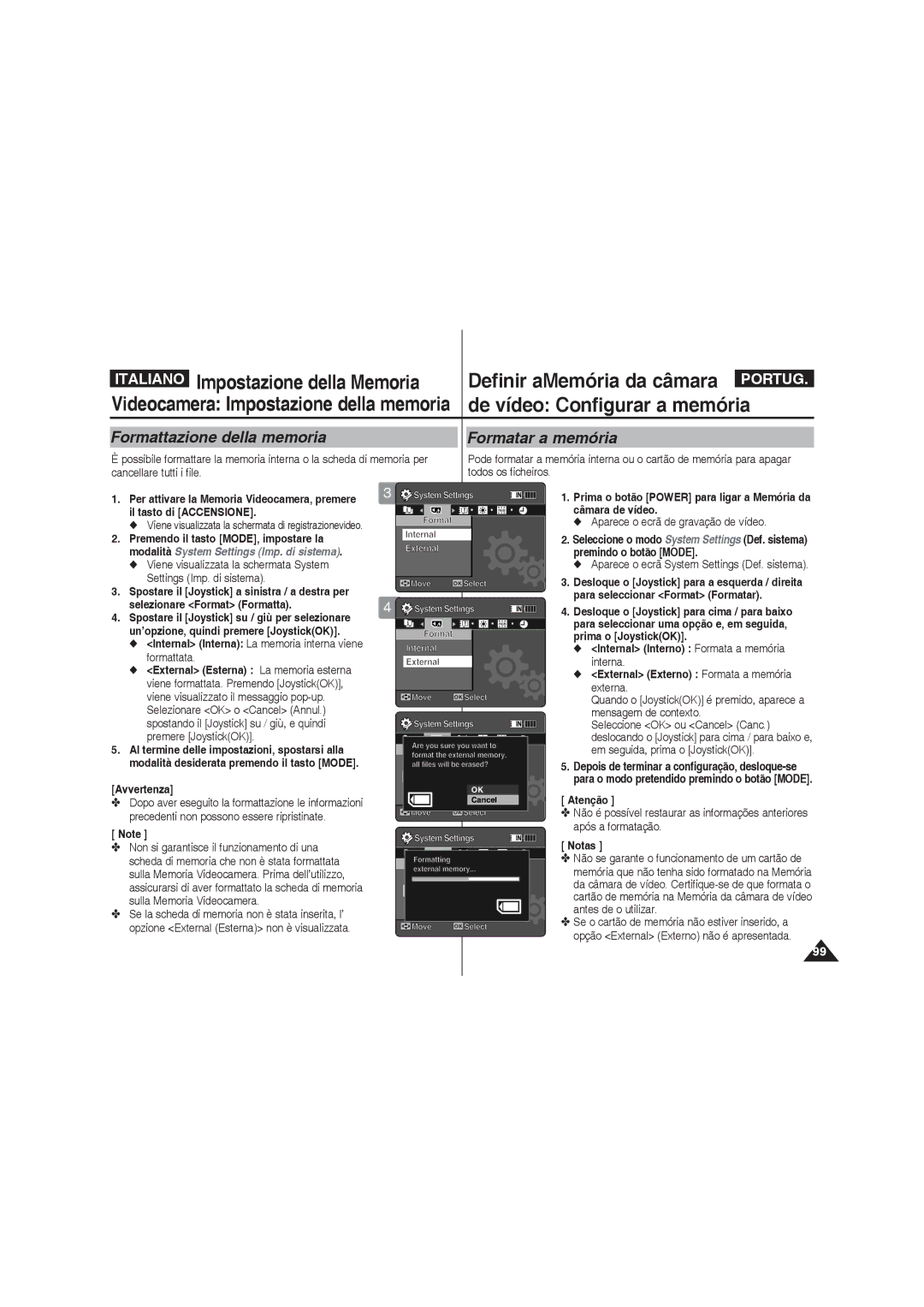 Samsung VP-MM11S/XET Impostazione della Memoria Definir aMemória da câmara, Formattazione della memoria Formatar a memória 