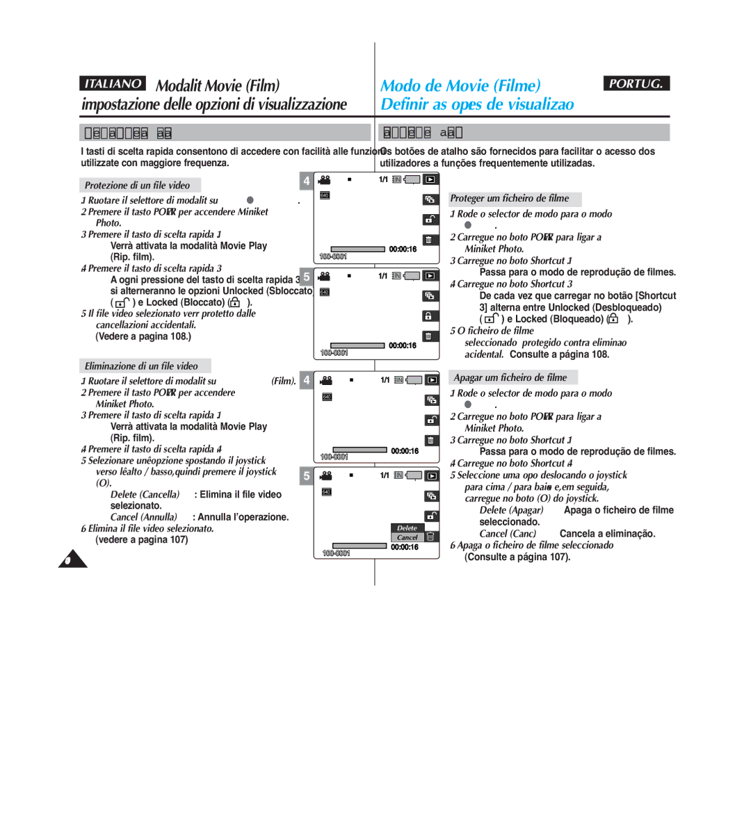 Samsung VP-MM12BL/XET, VP-MM11S/XET manual Protezione di un file video, Ficheiro de filme, Eliminazione di un file video 