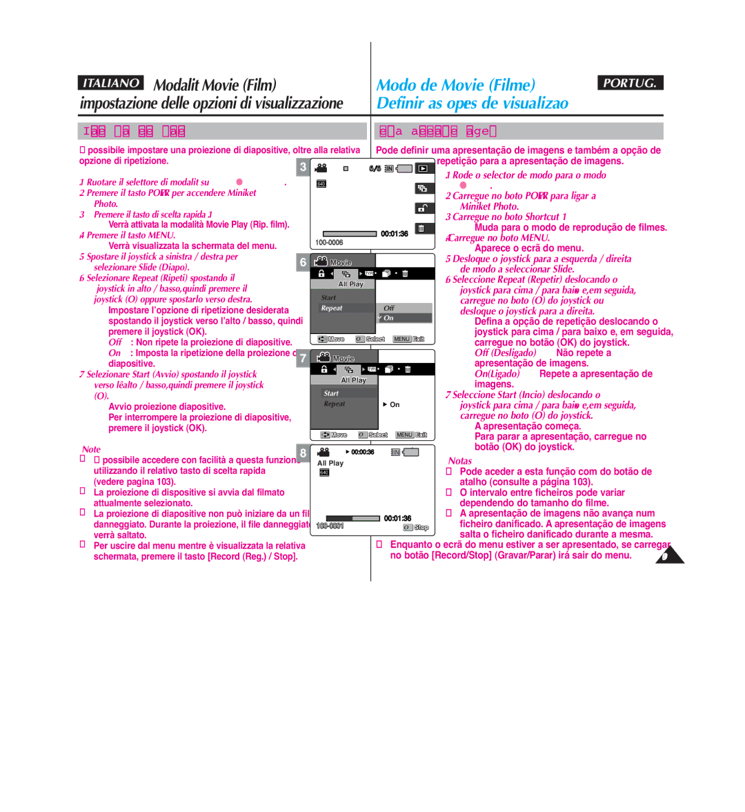 Samsung VP-MM12S/XET, VP-MM11S/XET, VP-MM12BL/XET manual Definir a apresentação de imagens, Start 