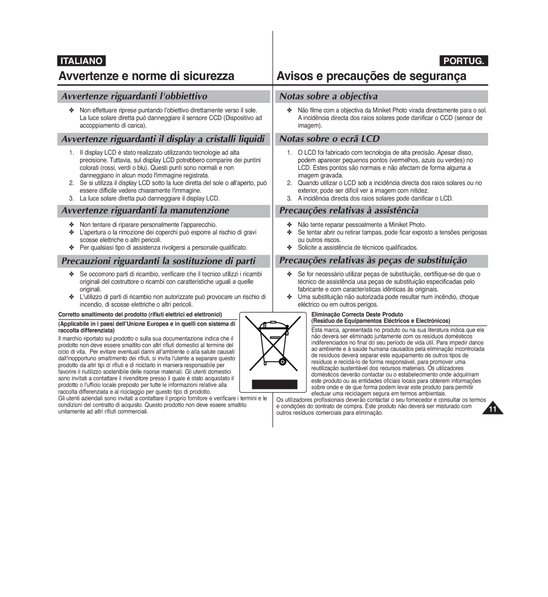 Samsung VP-MM12BL/XET Avvertenze riguardanti lobbiettivo Notas sobre a objectiva, Avvertenze riguardanti la manutenzione 