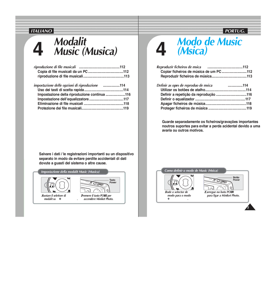 Samsung VP-MM11S/XET, VP-MM12S/XET, VP-MM12BL/XET Modalità Music Musica, Ruotare il selettore di Premere il tasto Power per 