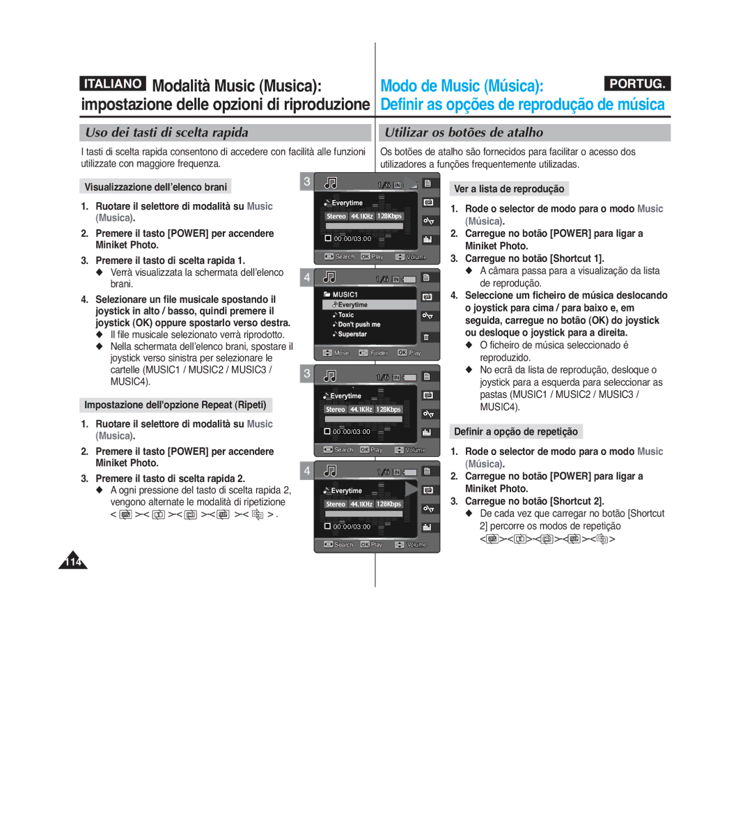 Samsung VP-MM11S/XET manual Impostazione delle opzioni di riproduzione, Verrà visualizzata la schermata dell’elenco brani 