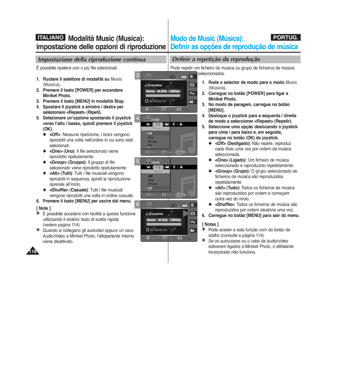 Samsung VP-MM12BL/XET manual Possibile ripetere uno o più file selezionati, Selezionare Repeat Ripeti, One Group All 