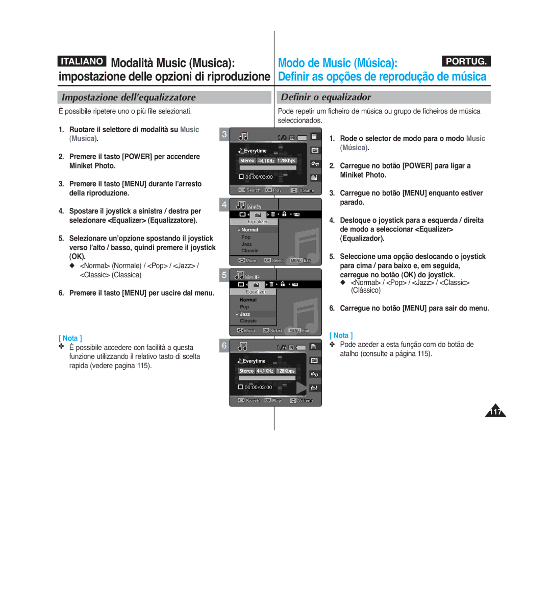 Samsung VP-MM11S/XET, VP-MM12S/XET, VP-MM12BL/XET manual Impostazione dell’equalizzatore Definir o equalizador 