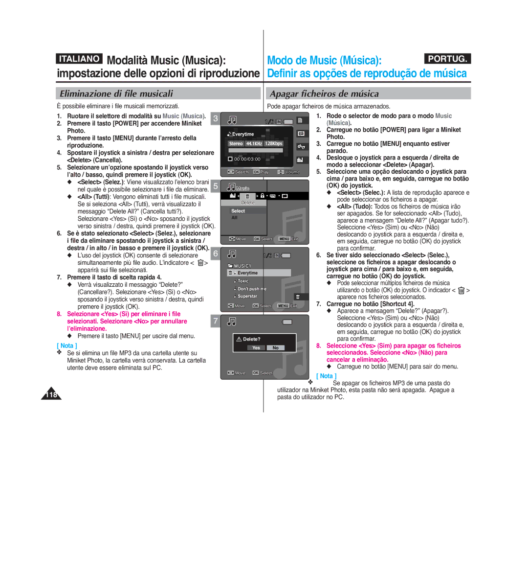 Samsung VP-MM12S/XET, VP-MM11S/XET, VP-MM12BL/XET manual Eliminazione di file musicali, Apagar ficheiros de música 