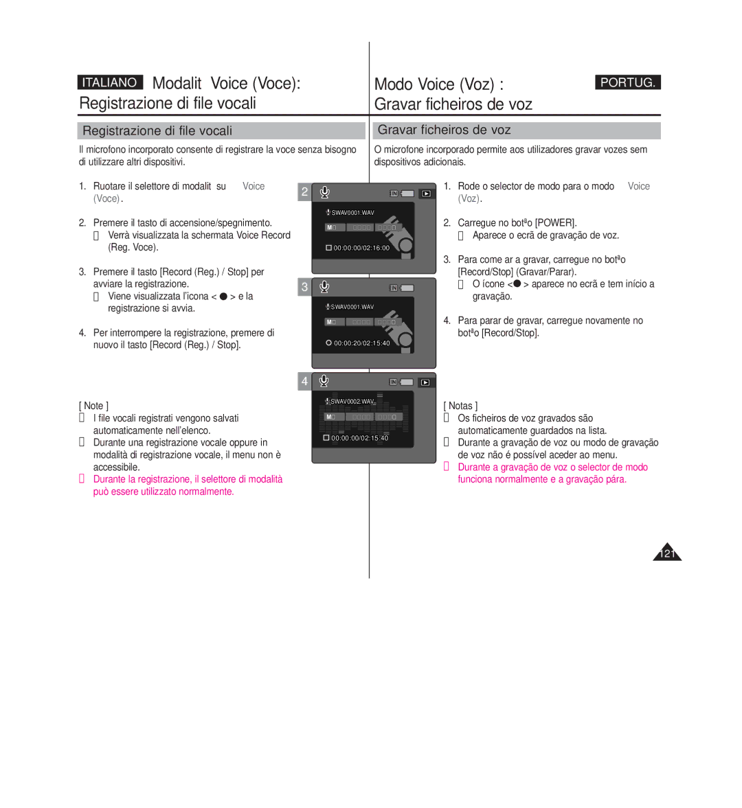 Samsung VP-MM12S/XET, VP-MM11S/XET, VP-MM12BL/XET manual Registrazione di file vocali Gravar ficheiros de voz, Voce Voz 