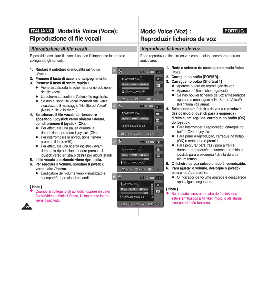 Samsung VP-MM12BL/XET, VP-MM11S/XET, VP-MM12S/XET manual Riproduzione di file vocali Reproduzir ficheiros de voz, Voce 