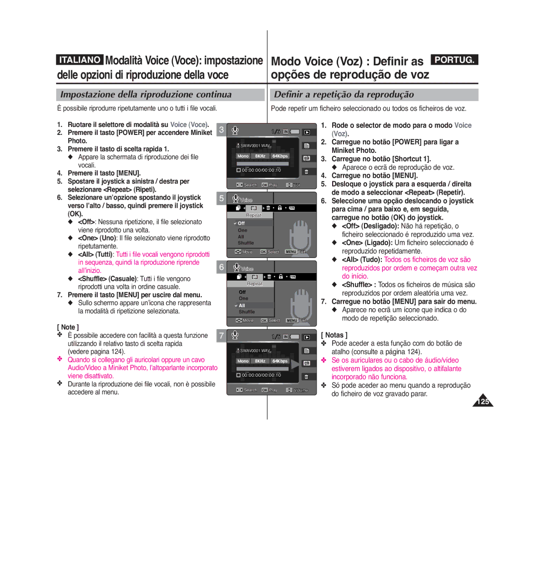 Samsung VP-MM12BL/XET manual Impostazione della riproduzione continua, Definir a repetição da reprodução, One All Shuffle 