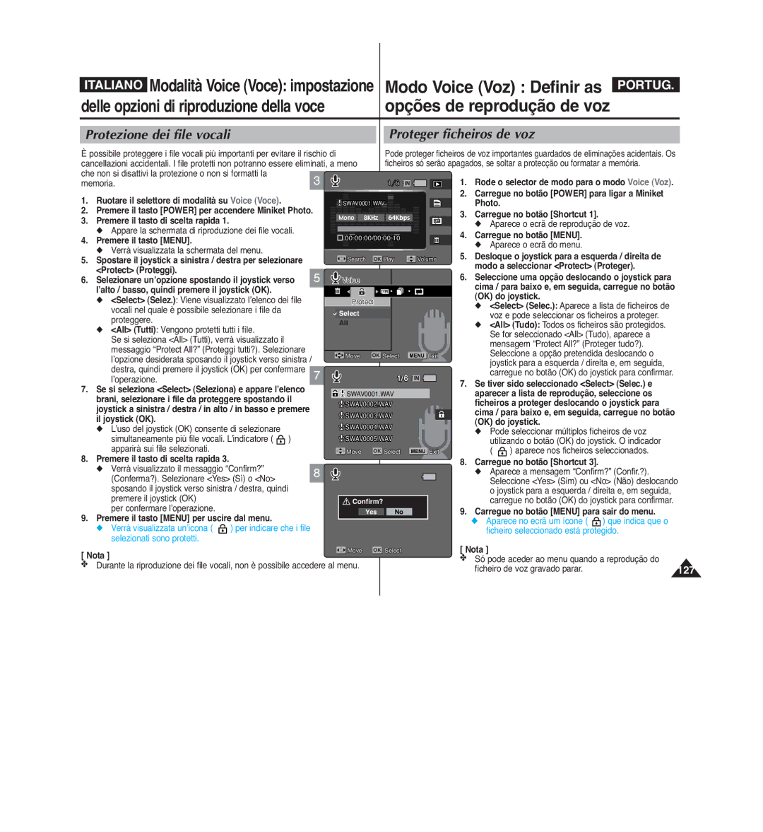 Samsung VP-MM12S/XET, VP-MM11S/XET, VP-MM12BL/XET manual Proteger ficheiros de voz, Protezione dei file vocali 