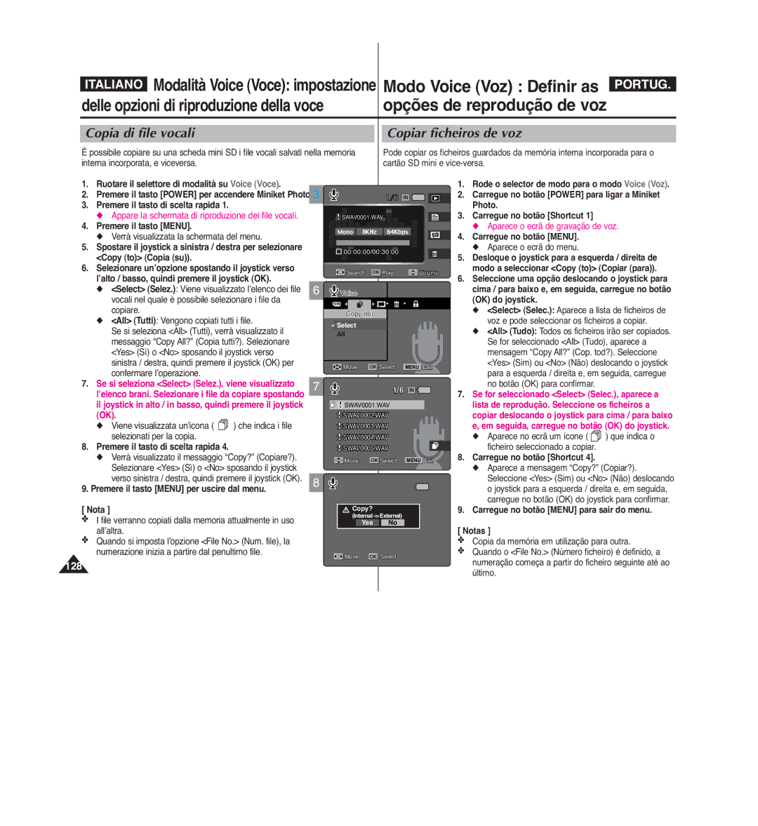 Samsung VP-MM12BL/XET manual Copia di file vocali, Copiar ficheiros de voz, Premere il tasto Menu per uscire dal menu Nota 