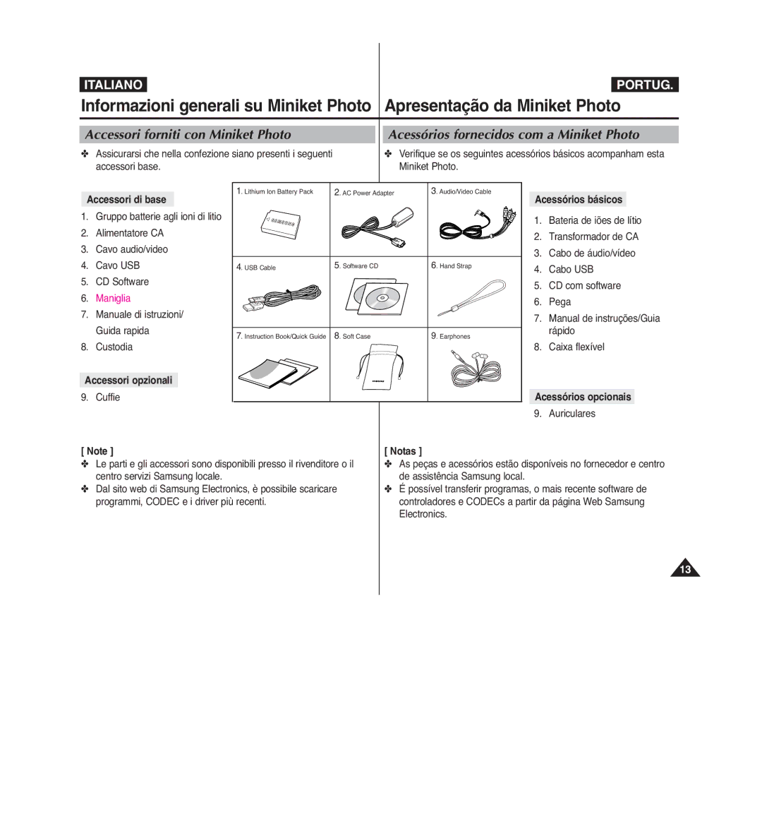 Samsung VP-MM12S/XET, VP-MM11S/XET manual Accessori forniti con Miniket Photo, Acessórios fornecidos com a Miniket Photo 