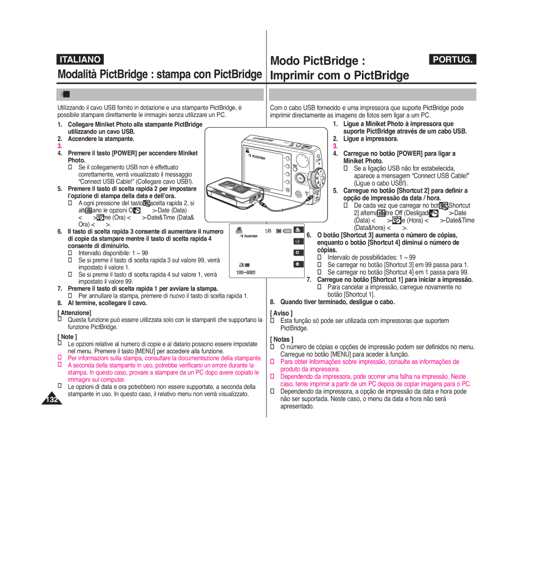 Samsung VP-MM11S/XET, VP-MM12S/XET, VP-MM12BL/XET manual Modo PictBridge, Stampa con PictBridge, Imprimir com o PictBridge 