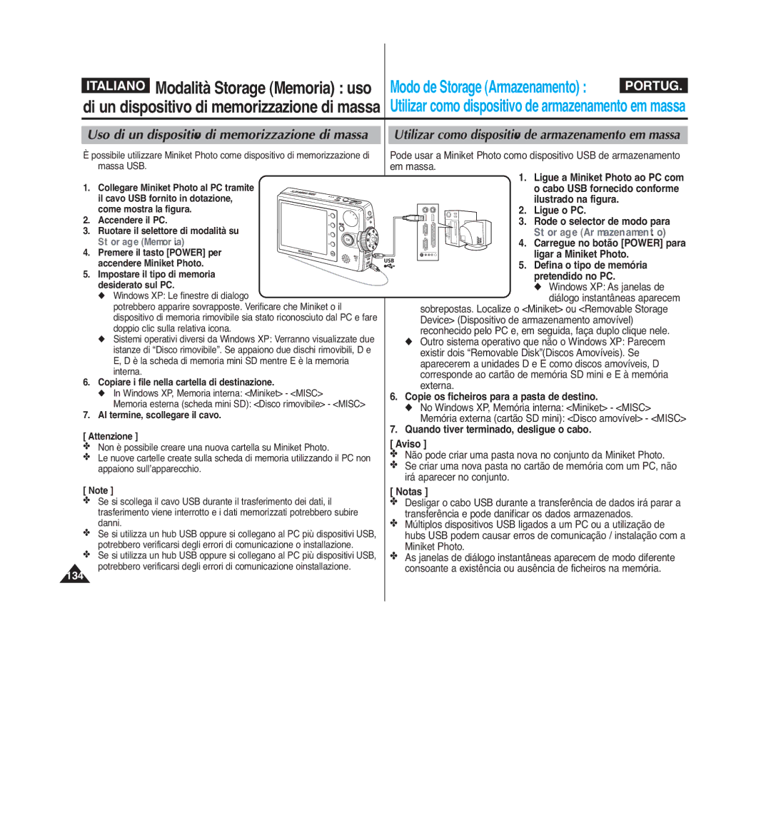 Samsung VP-MM12BL/XET manual Uso di un dispositivo di memorizzazione di massa, Copie os ficheiros para a pasta de destino 