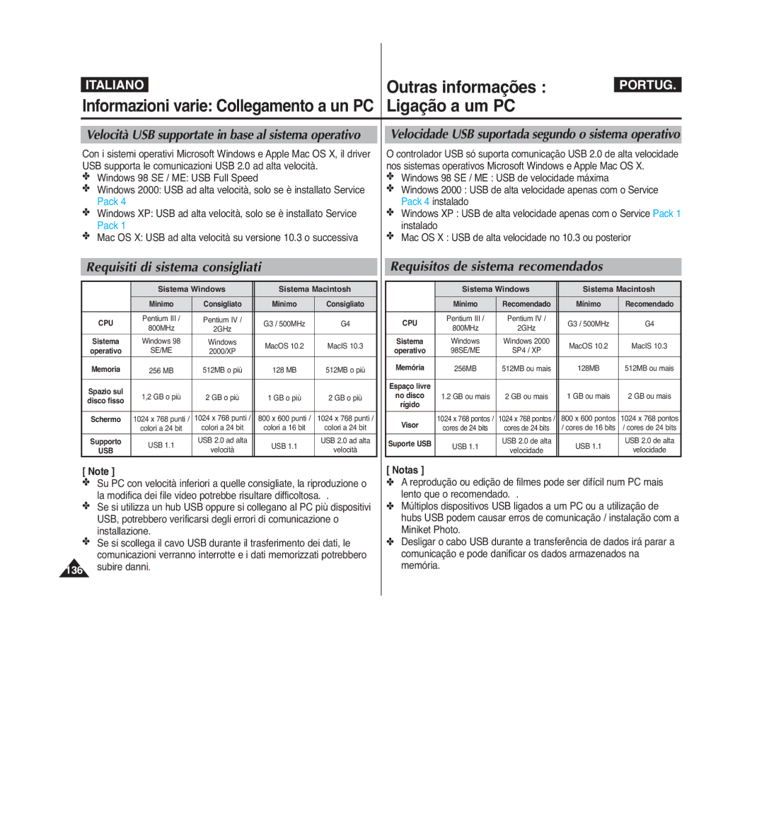 Samsung VP-MM12S/XET, VP-MM11S/XET manual Ligação a um PC, Outras informações, Informazioni varie Collegamento a un PC 