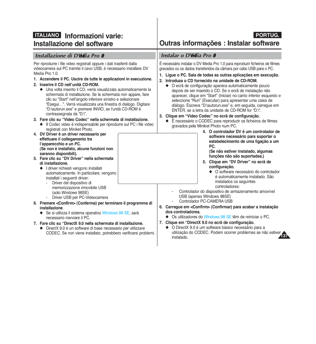 Samsung VP-MM12BL/XET manual Italiano Informazioni varie, Installazione del software, Outras informações Instalar software 