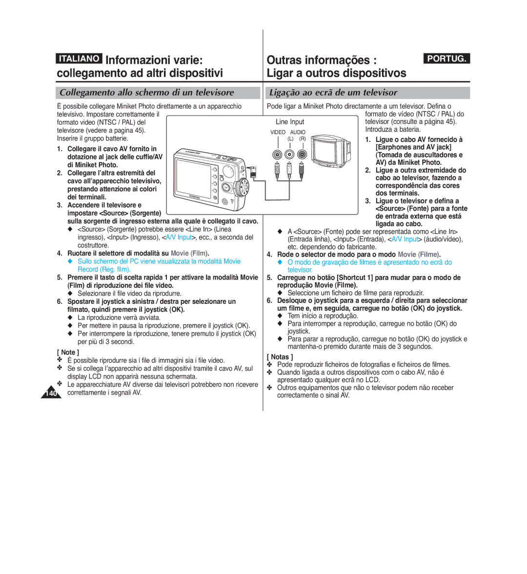 Samsung VP-MM12BL/XET, VP-MM11S/XET manual Collegamento allo schermo di un televisore, Ligação ao ecrã de um televisor 