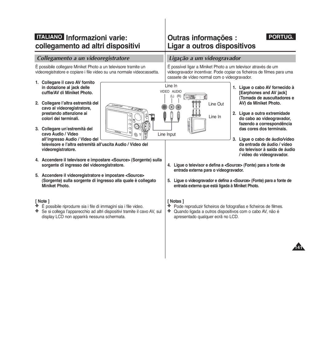 Samsung VP-MM11S/XET, VP-MM12S/XET, VP-MM12BL/XET manual Collegamento a un videoregistratore, Ligação a um videogravador 