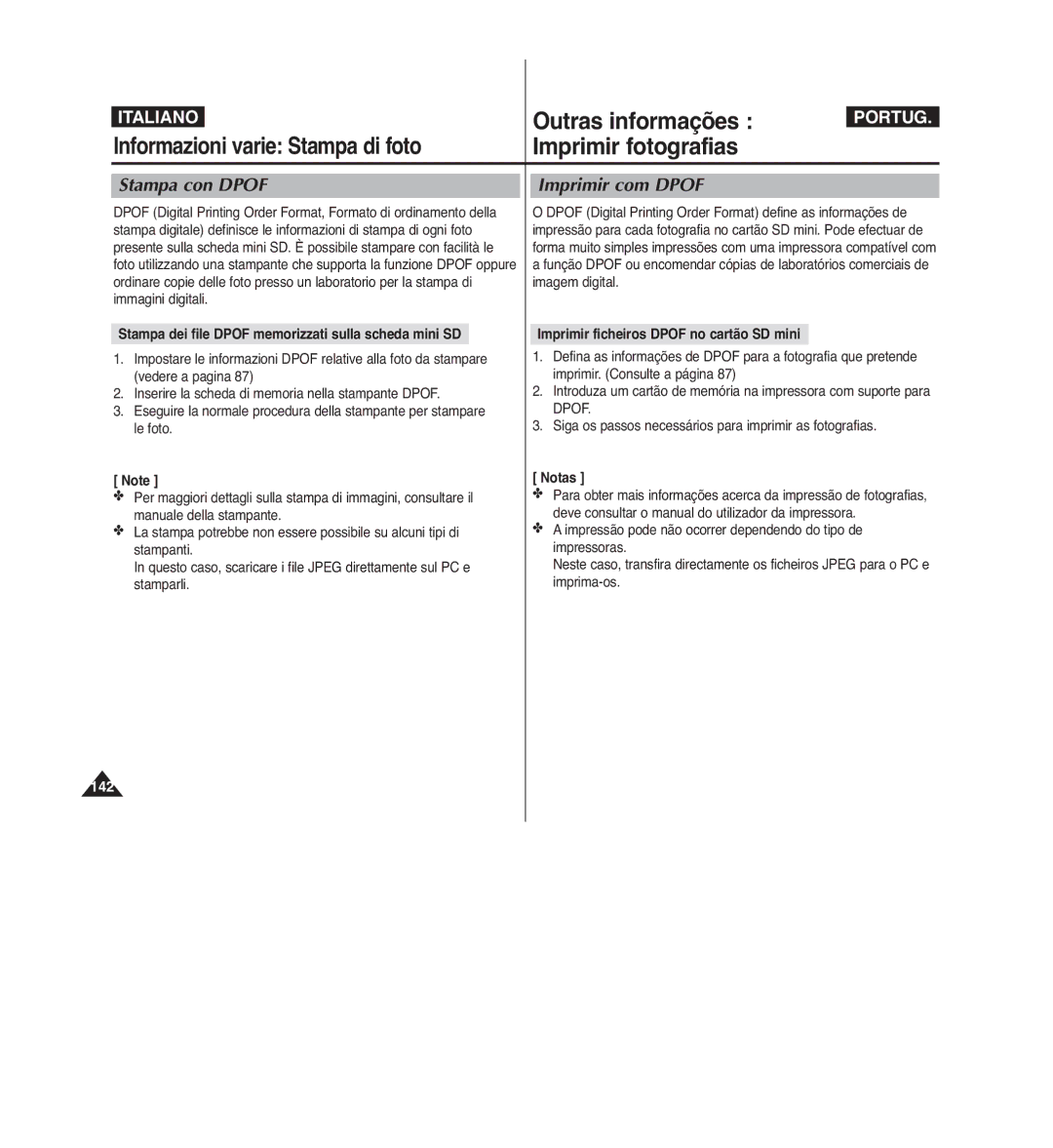 Samsung VP-MM12S/XET manual Imprimir fotografias, Informazioni varie Stampa di foto, Stampa con Dpof, Imprimir com Dpof 