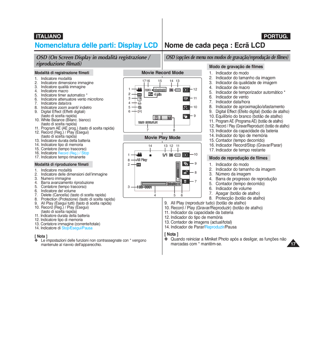 Samsung VP-MM12BL/XET, VP-MM11S/XET, VP-MM12S/XET manual Modo de gravação de filmes, Modo de reprodução de filmes, Nota 