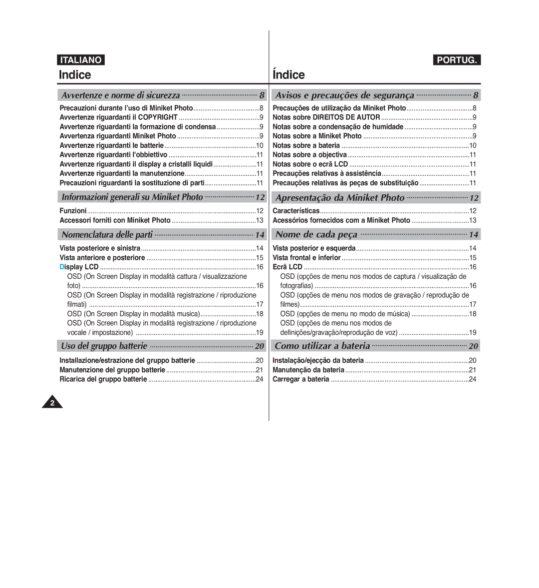 Samsung VP-MM12BL/XET, VP-MM11S/XET Avisos e precauções de segurança, Apresentação da Miniket Photo, Nome de cada peça 