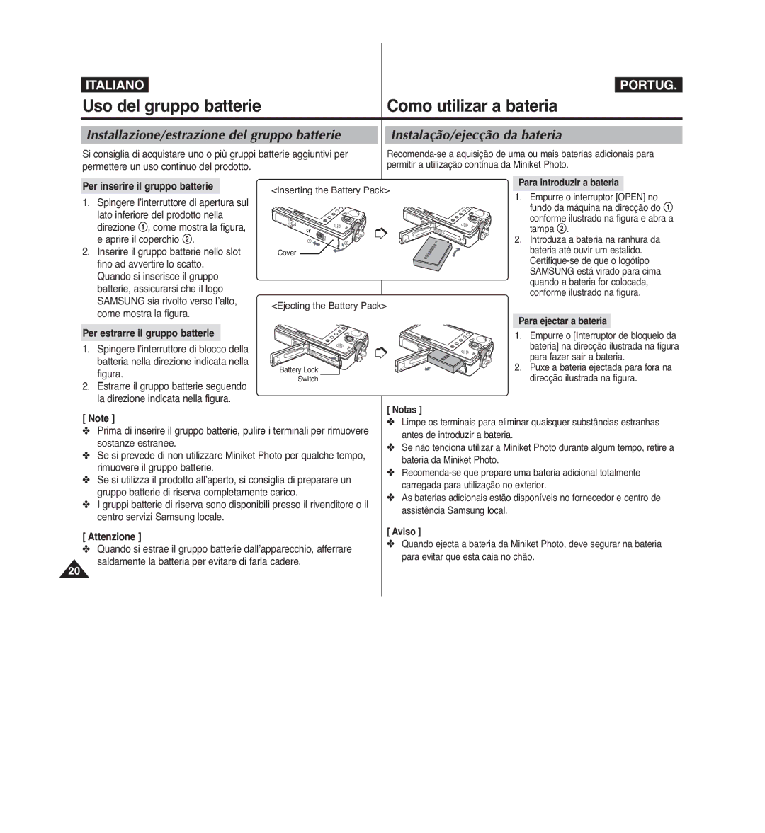 Samsung VP-MM12BL/XET manual Uso del gruppo batterie Como utilizar a bateria, Installazione/estrazione del gruppo batterie 