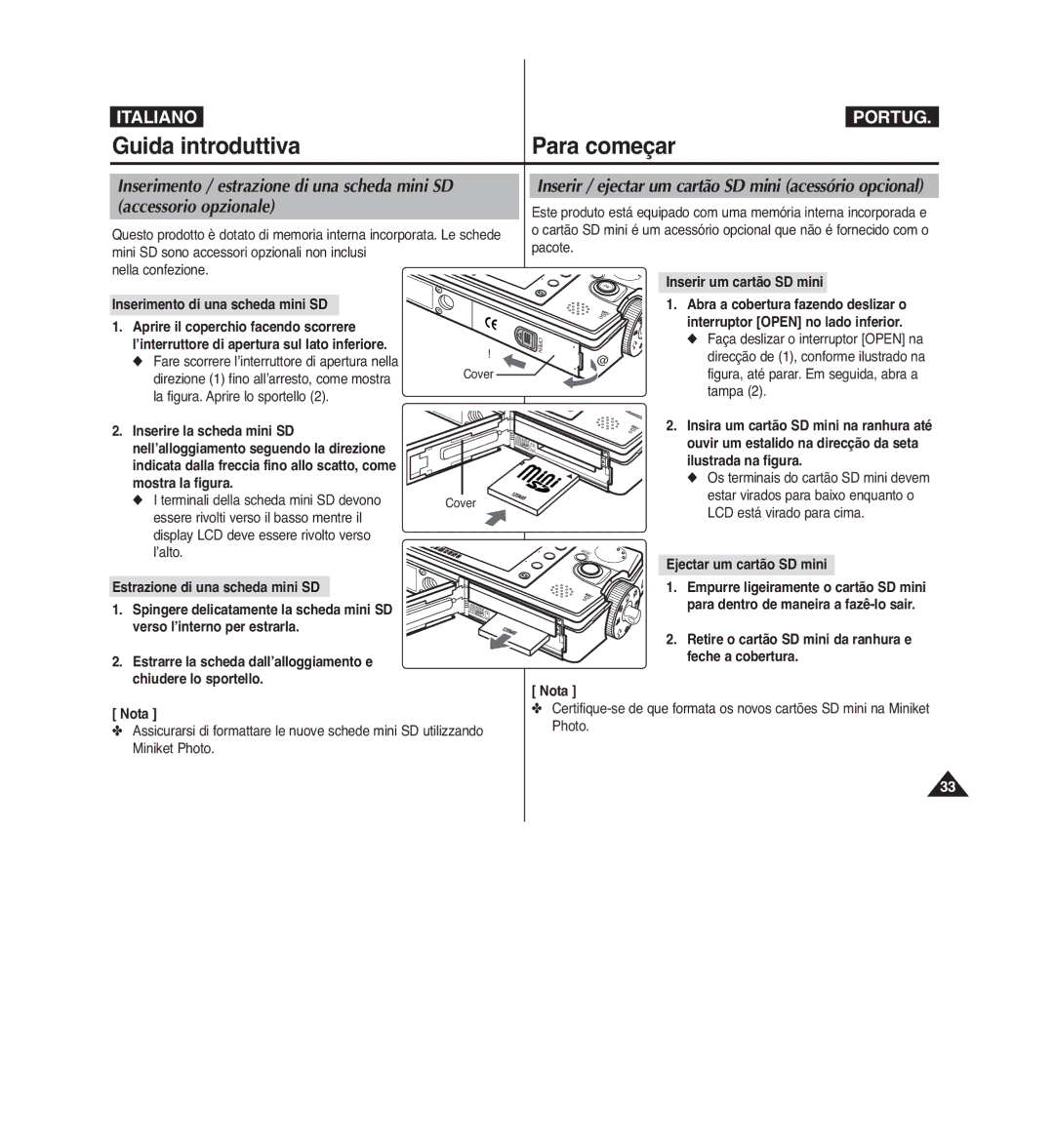 Samsung VP-MM11S/XET, VP-MM12S/XET manual Inserir / ejectar um cartão SD mini acessório opcional, Inserir um cartão SD mini 