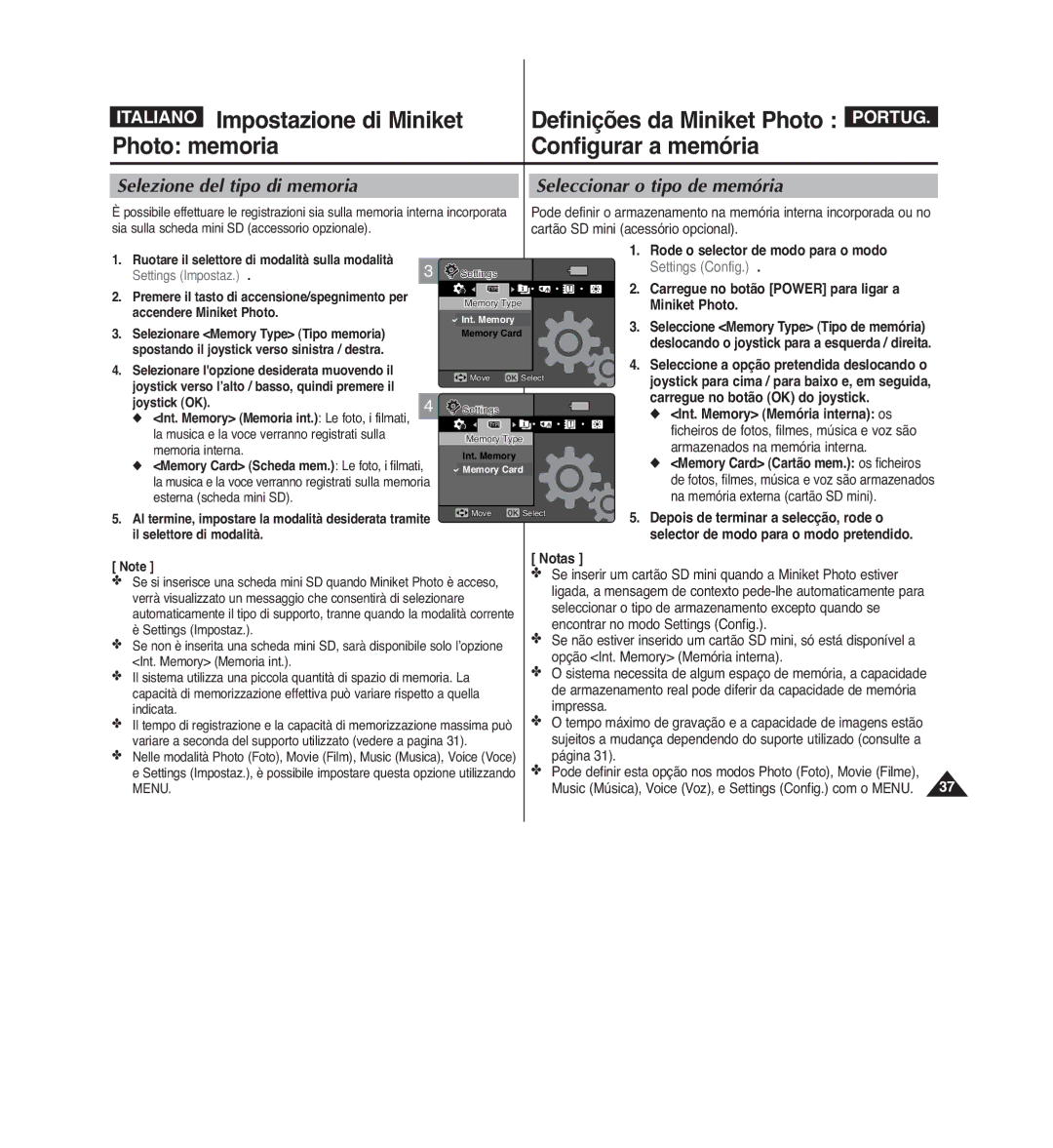 Samsung VP-MM12S/XET Italiano Impostazione di Miniket, Photo memoria Configurar a memória, Definições da Miniket Photo 