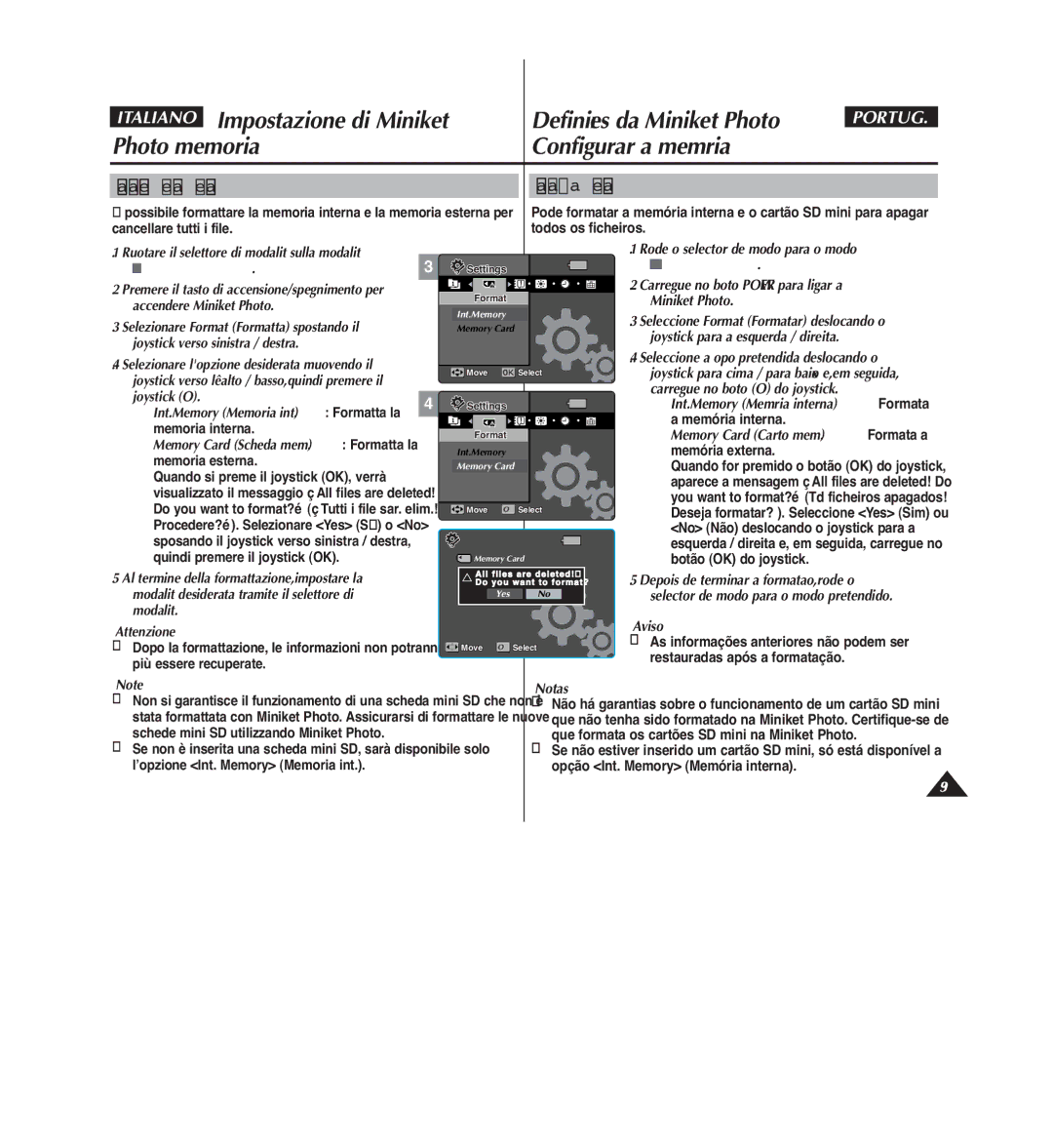 Samsung VP-MM11S/XET, VP-MM12S/XET Formattazione della memoria Formatar a memória, Todos os ficheiros, Memória interna 