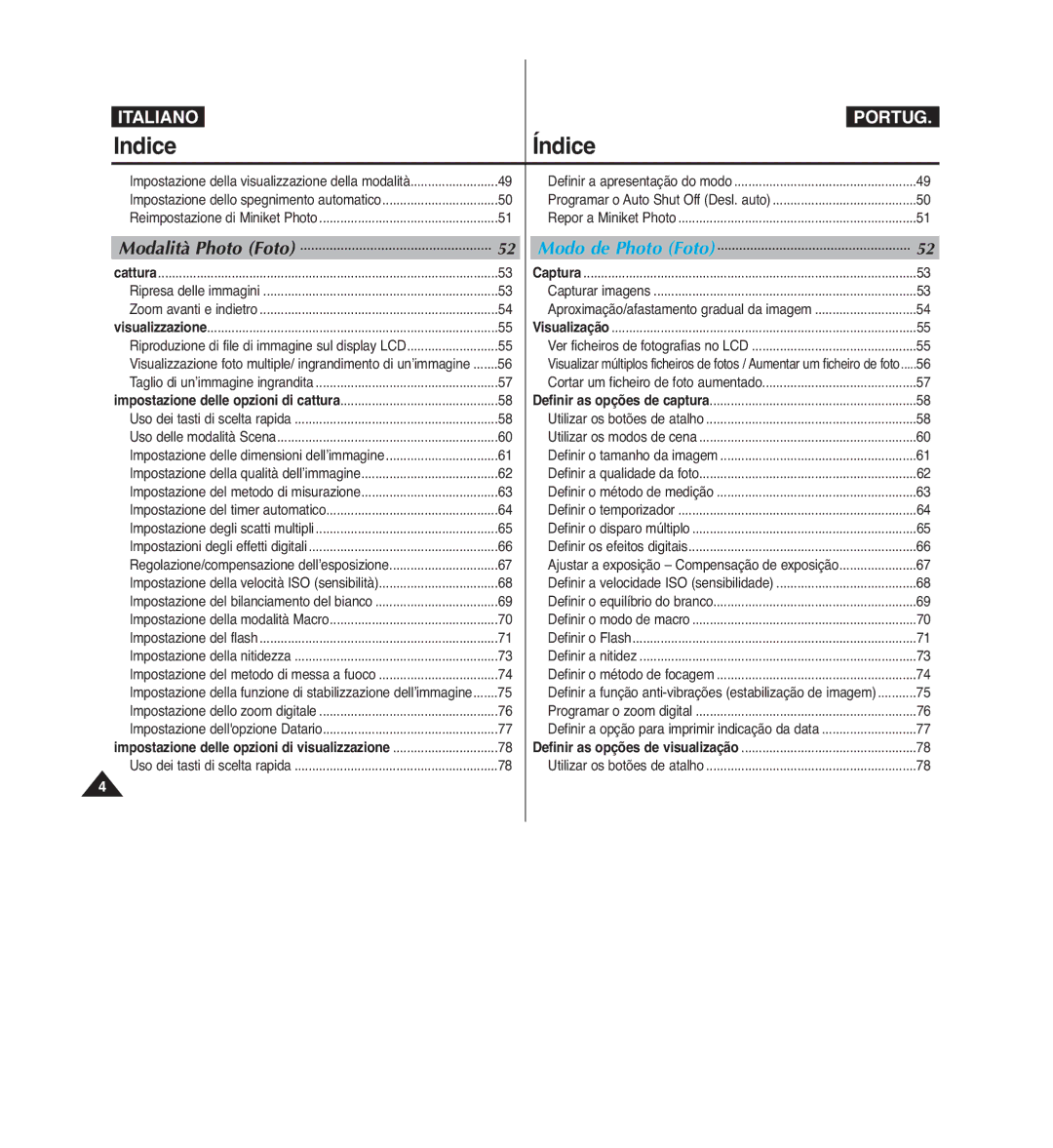 Samsung VP-MM12S/XET, VP-MM11S/XET manual Indice, Índice, Modalità Photo Foto, Impostazione delle opzioni di visualizzazione 