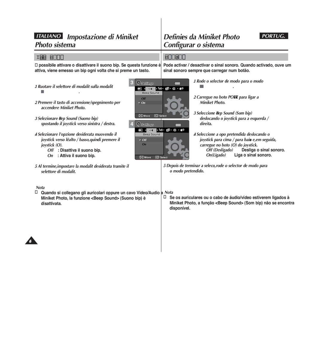 Samsung VP-MM12S/XET manual Impostazione del suono bip Definir o sinal sonoro, Sinal sonoro sempre que carregar num botão 