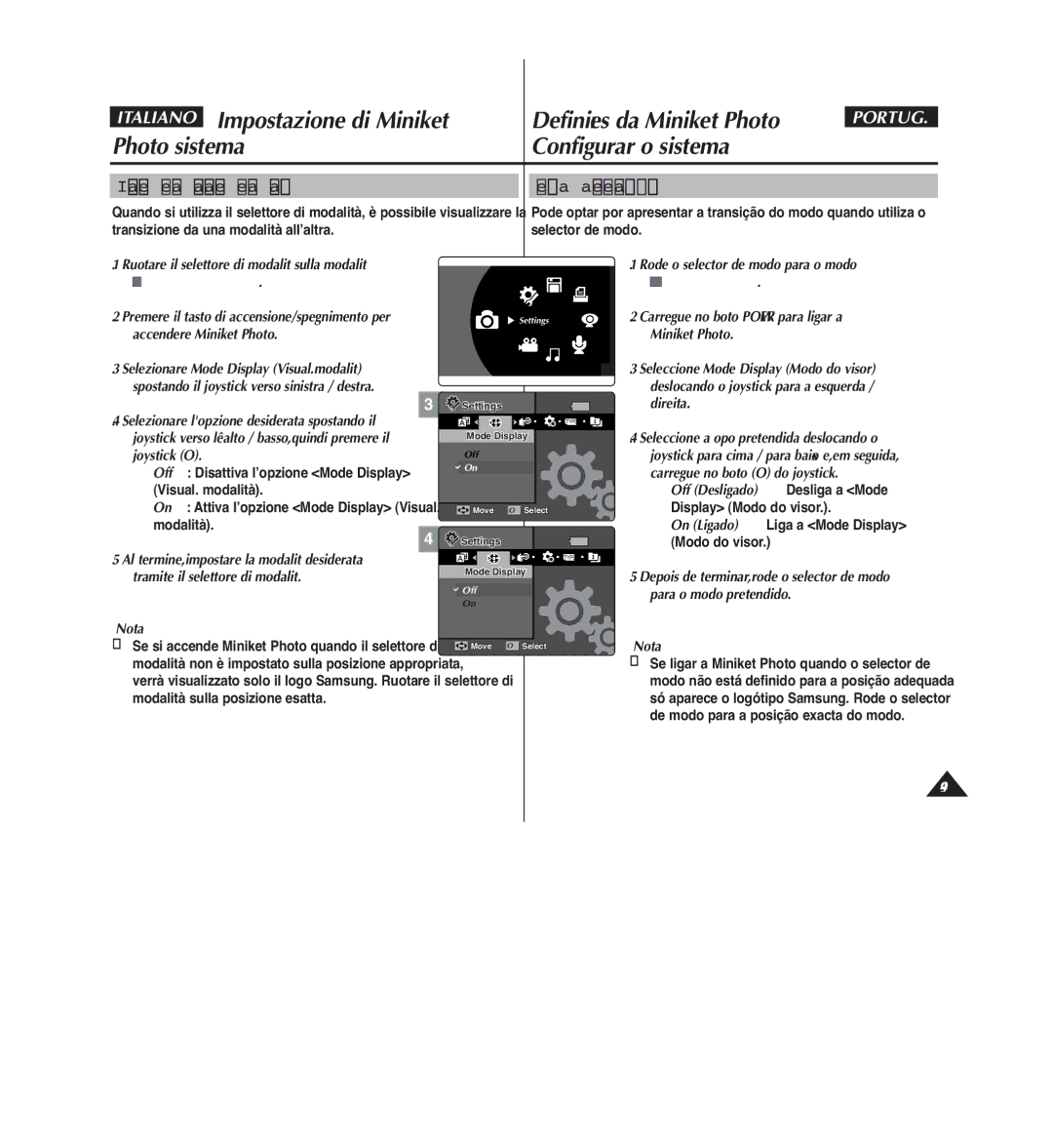 Samsung VP-MM12S/XET, VP-MM11S/XET manual Definir a apresentação do modo, Impostazione della visualizzazione della modalità 